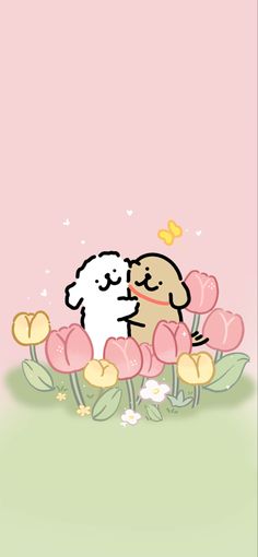 two dogs are kissing in the middle of flowers