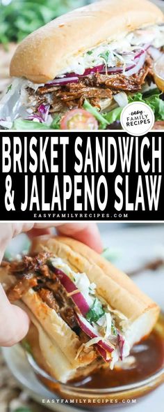 a sandwich and jalapeno slaw on a plate with the words brsket sandwich and jalapeno slaw