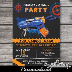 Nerf Birthday Invites, Chalkboard Blue Orange Nerf Party Decorations, Nerf Birthday Party Ideas, Nerf Birthday Invitations, Nerf Party Invitations, Chalkboard Backdrop, Summer Kids Party, Nerf Birthday Party, Fun Backyard, Nerf Party