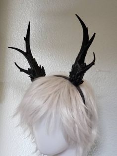 "This listing is for a translucent or a solid black set of antlers, attached to a plane .5 inch black or white headband. You may select attached to headband or unattached style if you plan to use a different band or add lights, the bases are covered please convo for direction on how to create openings in the base if you plan to add lights. Ultra Light Weight 3D printed Fantacy Crystal Ice or branch antlers attached to headband. Measure about 9\" long. Base is about 1.5\" wide. If you wish to rec Gothic Ears Costume Accessories For Cosplay, Gothic Costume Accessories With Ears For Cosplay, Adjustable Fantasy Cat Ears Costume Accessories, Fantasy Costume Accessories With Adjustable Cat Ears, Elven Halloween Costume Accessories, Gothic Cat Ears Costume Accessories For Cosplay, Black Fantasy Costume Accessories With Ears, Halloween Cosplay Costume Hat Headband, Fantasy Black Costume Accessories With Ears