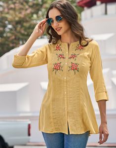 Short Kurta For Women/ Tunic Dresses - T-shirt For Women / Cotton Kurti Embroidery Tunic Kurta / Indian Short Kurti / Ethnic Kurti For Women Product Details: Brown Yellow Cotton Tunic Floral Embroidery  3/4th Sleeves Regular Fit Items includes One piece Kurta Note:- Please see the size chart in the image to choose a perfect size. Please feel free to ask any questions regarding this item WE ALSO ACCEPT CUSTOMISATION AS PER CUSTOMER REQUESTS. Tunics For Women Indian, Women Tunic Dress, Cotton Tunics For Women, Short Kurti Designs, Cotton Tops Designs, Kurta Women, Kurtis For Women, Womens Tunic Dress, Yellow Embroidery