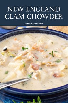 a bowl of new england clam chowder on a blue plate