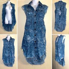 New With Tag Distressed High Low Denim Shirt Distressed With Paint Swirls Lightweight Front Button Closure Pointed Collar Sleeveless Frayed Ends Frayed Hem No Stretch Size Large Total Pit To Pit 38” Size 1x Total Pit To Pit 42” Summer Distressed Button-up Denim Top, Distressed Button-up Denim Top For Summer, Summer Distressed Denim Button-up Top, Blue Distressed Denim Top For Summer, Paint Swirls, Distressed Shirt, Denim Shirt, High & Low, High Low