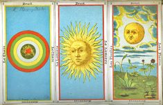 four different types of sun and moon in the same color scheme, each with an individual's face