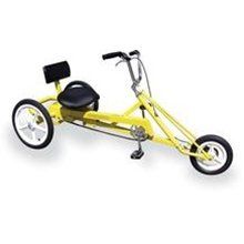 a yellow tricycle with two wheels and a seat on the front, is shown