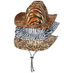 three hats with different colors and designs on the top, one has a tiger print