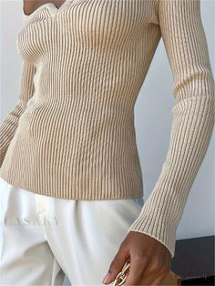 Lasaky - Chic Sweetheart Neckline Knit Sweater, Stylish Long Sleeve Top for Autumn & Winter, Womens Apparel Cream Ribbed Stretch Knit Top, Cream Ribbed Fitted Sweater, Fitted Beige Crew Neck Sweater, Beige Fitted Crew Neck Sweater, Beige Ribbed Stretch Sweater, Beige Stretch Ribbed Sweater, Cozy Fitted Ribbed Knit Top, Cream Long Sleeve Ribbed Top, Cozy Ribbed Fitted Knit Top