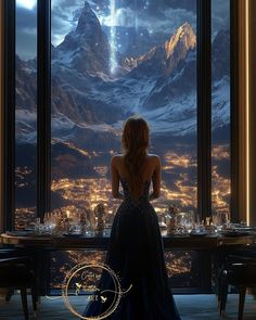 a woman standing in front of a window looking out at the mountains and city below