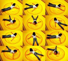 multiple images of a person laying on the ground with their arms spread out and legs crossed