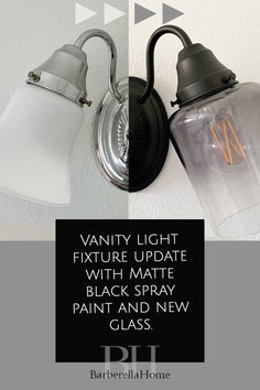 Chrome Light Fixtures, Spray Painting Light Fixtures, Diy Vanity Lights, Light Fixtures Black, Silver Light Fixture, Light Fixture Makeover, Black Bathroom Light Fixtures, Glass Light Globes, Painting Light Fixtures