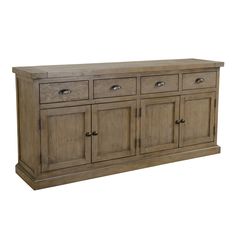 a large wooden sideboard with drawers on one side and two doors on the other