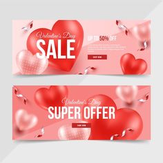 two valentine's day sale banners with hearts