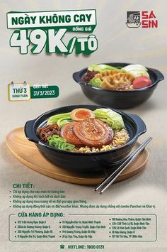 an advertisement with two bowls of food and chopsticks on the table in front of it