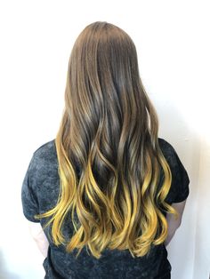 Brown Hair With Yellow Highlights, Yellow Highlights In Brown Hair, Black Hair Yellow Highlights, Yellow And Black Hair Color, Yellow And Brown Hair, Brown And Yellow Hair, Yellow Balayage, Brown To Yellow Ombre Hair, Brown Hair Tones