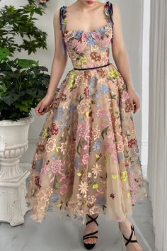 Multicolor A-line Dress With Floral Embroidery, Beige Evening Dress With Floral Embroidery, Summer Banquet Dress With Floral Applique, Beige Party Dresses With Floral Embroidery, Embroidered Dress For Spring Gala, Spring Gala Midi Dress With Floral Embroidery, Spring Embroidered Dress For Gala, Embroidered Spring Dresses For Gala, Embroidered Spring Gala Dress