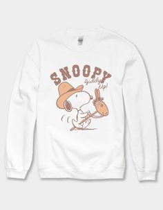 Peanuts Snoopy Giddy Up Unisex Crewneck Sweatshirt. Large Graphic On Front. Crew Neck. Long Sleeve. 50% Cotton, 50% Polyester. Machine Wash.this Item Is Unisex Fit And Sizing.officially Licensed.this Item Is Made To Order And May Take A Few Extra Days To Process. All Other Products In Your Order Will Be Shipped Separately. Snoopy Jeans, Peanuts Sweatshirt, Snoopy Sweatshirt, Snoopy Sweater, Snoopy Items, Snoopy Stuff, Overalls Boys, Chino Pants Women, Disney Stuffed Animals