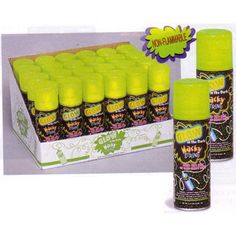 an assortment of yellow air freshener sprays in a display case with the box behind it