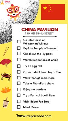 the china pavilion checklist is shown with an image of a bird and other items