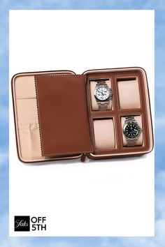 Saddle Leather 4-Watch Accessory Case Brown Round Case Watch Accessories For Travel, Travel Watch Accessories With Round Case, Timeless Rectangular Watch For Travel, Timeless Rectangular Travel Watch, Luxury Rectangular Watch Storage Accessories, Rectangular Travel Watch With Case Included, Luxury Brown Travel Watch, Timeless Brown Watch For Travel, Leather Watch Case