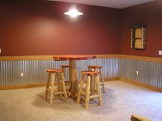 a room with three stools and a table in it