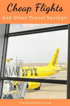 an airplane that is sitting on the tarmac with text overlay reading cheap flights and other travel savings