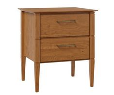 a wooden nightstand with two drawers on one side and an open drawer on the other