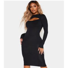 Plt Body Con Dress With Cut Out. New With Tags. Never Worn Long Sleeve Cutout Midi Dress For Date Night, Long Sleeve Midi Dress With Cutout For Date Night, Black Long Sleeve Bodycon Dress With Cutout, Black Long Sleeve Cutout Bodycon Dress, Black Stretch Midi Dress With Cutout, Knee-length Cutout Midi Dress For Date Night, Black Knee-length Midi Dress For Club, Black Knee-length Club Midi Dress, Stretch Black Midi Dress For Spring