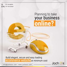 a computer mouse sitting next to a shopping cart with the words, planning to take your business online?