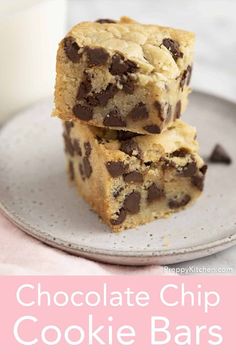 two chocolate chip cookie bars stacked on top of each other with the words, chocolate chip cookie bars