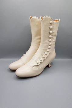 Compiègne Ivory 19th Century Shoes Victorian Shoes - Etsy Cream Fitted Boots With Leather Sole, Cream Closed Toe Boots With Leather Sole, Historical Formal Boots With Leather Sole, Cream Leather Shoes With Leather Sole, Cream Closed Toe Leather Shoes With Leather Sole, Cream Leather Shoes With Leather Sole And Closed Toe, Classic Cream Round Toe Boots, Leather Wedding Shoes With Almond Toe And Reinforced Heel, Leather Wedding Shoes With Reinforced Heel And Almond Toe