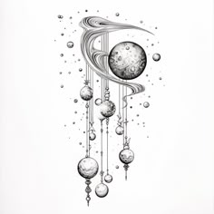 an ink drawing of planets and the sun with bubbles on it's side, in black and white