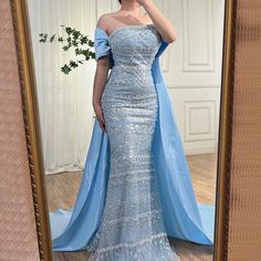 Arabic Sage Blue Elegant Mermaid Strapless Evening Dress: Beaded Sophistication for Women's Wedding Party 2024 Sister Of The Groom Dress Wedding, Plus Size Mermaid, Evening Dress Beaded, Indian Bridesmaid Dresses, Sage Blue, Formal Clothes, Mermaid Style Dress, Cape Gown, Train Wedding