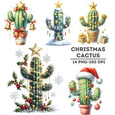 christmas cactus clipart set with holiday decorations and ornaments on it's side, including a santa hat