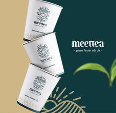 three white cups with green leaves in the middle and an ad for meerta