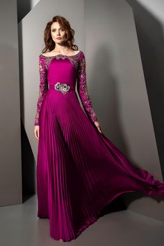 Description Purple A-line, Long dress Fitted, Long Sleeves Open neckline Crystal beading, Silk, Satin Dry Clean Evening Dress Made in Lebanon 12-ZN Beaded Sleeves, Magenta Wedding, Feather Gown, Ziad Nakad, Solid Maxi Dress, Pleated Gown, Style Formal, Couture Week, Pacific Blue