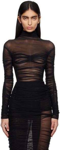 Semi-sheer stretch nylon mesh turtleneck. · Ruching throughout · Curved hem Supplier color: Black Sheer Mesh Outfit, Ruched Outfit, Mugler Black, Manna Boutique, Sheer Turtleneck, Mesh Turtleneck Outfit, Black Mesh Outfit, Black Fashion Outfits, Chic Goth Outfits