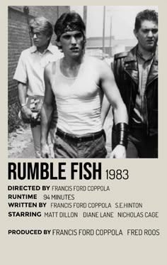 the poster for rumble fish is shown in black and white