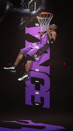 a man dunking a basketball in the air with a hoop over his head on a purple and black background