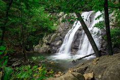 a waterfall in the middle of a forest