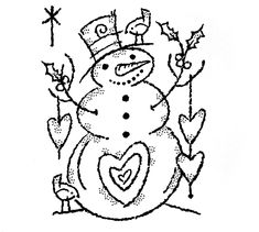 a black and white drawing of a snowman wearing a hat with hearts on it