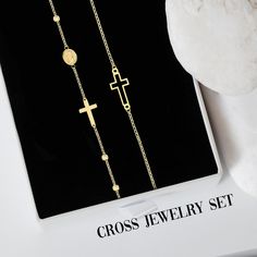 "✢Our 14K Gold Cross Bracelet Set is special and valuable. Crafted from genuine 14K solid gold, these bracelets are not gold-plated, ensuring durability and unmatched brilliance.  Interested in individual pieces? You can buy them separately, but if you buy them as a bundle, the price is 10% off compared to buying them separetly. You can buy them separetly from these links: 🧩 Rosary Cross Bracelet https://www.etsy.com/listing/1324362925/ 🧩 Cross Bracelet https://www.etsy.com/listing/1222075954/ 🎁And here's a thought: why not treat yourself and a dear friend? Get one as a gift and keep the other as a symbol of your shared journey.  PRODUCT DETAILS: * Material: 14K Solid Gold (real solid gold, no gold-filled or no gold plated material) * Closure: Spring ring * Bracelets Length: 7\" + 0.6\" Location Names, Gold Cross Bracelet, Rosary Cross, Catholic Bracelet, Gold Bracelet Set, Gold Jewelry Sets, Rosary Bracelet, Star Map, Cross Bracelet