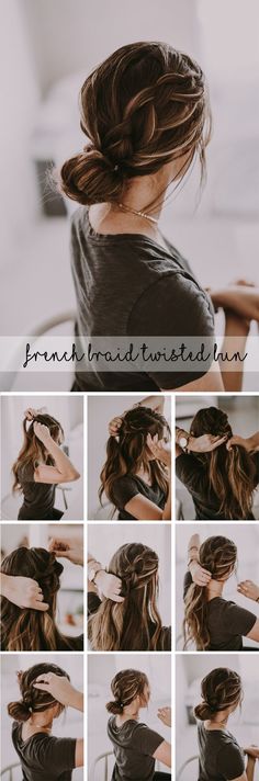 Beautiful french braid twisted bun up-do hairstyle. Perfect dressed up for holiday parties or paired with your sweatshirt and sneakers! French Braid Bun Tutorial, French Braid Buns, Braid Bun, Bun Tutorials, Bun Tutorial, Fishtail Braid, Braided Bun, Holiday Hairstyles, French Braid