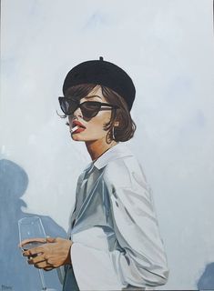 a painting of a woman wearing sunglasses and holding a wine glass in front of her face