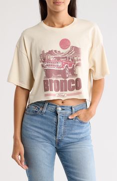 A faded Bronco graphic lends lived-in charm to this soft all-cotton crewneck T-shirt cut in an abbreviated fit. Crewneck Short sleeves 100% cotton Machine wash, tumble dry Imported Bridesmaid Attire, T Shirt Cut, Cut Tshirt, Ford Bronco, Cut Shirts, Graphic Prints, Nordstrom Rack, Print T Shirt, Ford