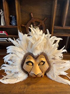 a mask with feathers on it sitting on top of a wooden table next to a book shelf