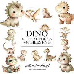 watercolor dinos clipart set with neutral colors and cute cartoon dinosaurs for commercial use