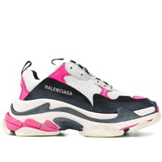 Balenciaga Triple S Sneakers Size 8 In Vguc Balenciaga Triple S Leather And Polyester Sneakers In White, Pink, Black And Blue.Triple Thickness Sole.Two-Tone White And Black Laces.White Embroidered Stitching On The Front.White Logo Embroidered On The Outside.Logo Tongue.Round Toe. Overall Very Good Condition, But Had Some Stains - See Close Ups. Price Reflects Comes With Original Box(Damaged) And Dust Bag Box 471 Pink Low-top Sneakers With Logo Print, Pink Low-top Sneakers With Logo, Sporty Multicolor Sneakers With Logo, Pink High-top Sneakers With Logo Print, Pink Sneakers With Logo Print For Streetwear, Pink High-top Sneakers With Logo, Pink Logo Sneakers For Streetwear, Balenciaga Triple S Sneakers, Balenciaga Triple S