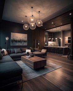 a living room filled with furniture and lights