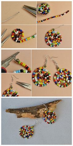 the instructions for making beaded earrings are shown in several different pictures, including beads and scissors