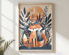 an art print of a fox surrounded by plants